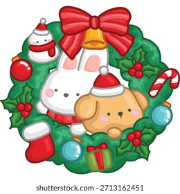 a vector of christmas wreath with animals
