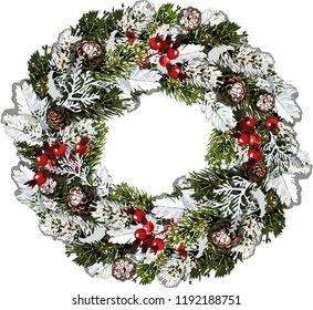 Vector Christmas wreath. Beautiful evergreen wreath of Xmas tree branches with red berries (dogrose) and fir cones. Merry Christmas and Happy New Year greetings. Home decoration for winter celebration