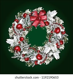 Vector Christmas wreath. Beautiful evergreen wreath of Xmas tree branches with snow-covered branches red balls, red ribbon, garland and fir cones. Merry Christmas and Happy New Year greetings. 