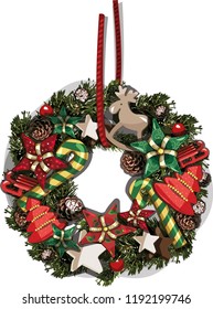 Vector Christmas wreath. Beautiful evergreen decor of Xmas tree branches with Christmas tree decorations - stars, sweets and fir cones, wooden toys (deers), balls and red ribbon. 