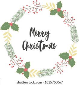 Vector christmas wreath with berries, pines and mistletoes isolated on white background.