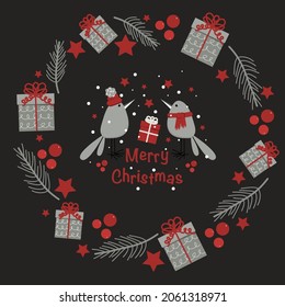 Vector christmas wreath with birds, christmas tree, text Merry Christmas, toy, ball, gift box, stars for greeting card, invitation