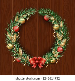 Vector. Christmas wreath border. Frame of green pine. Merry Christmas and Happy New Year 2021. Branches of a Christmas tree in the snow. Dark woody background. New Year's holiday decorations.
