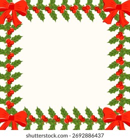 Vector Christmas wreath border with holly. Elegant traditional holiday frame, perfect for invitations, posters, greeting cards, and seasonal decoration with space for text.