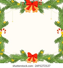 Vector Navidades borde de corona de pino y ramas de abeto con arco, guirnalda. Elegante marco de vacaciones adecuado para invitaciones, carteles, tarjetas de felicitación y decoración de temporada con espacio para texto.
