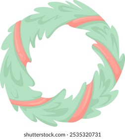 Vector Christmas wreath with a bright pink bow, symbolizing the holiday spirit and festive mood, isolated on a white background. Ideal for seasonal decorations and Christmas celebrations.