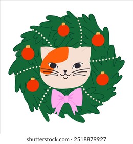 Vector Christmas wreath with a cat, isolated on white background. Holiday sticker in cartoon style