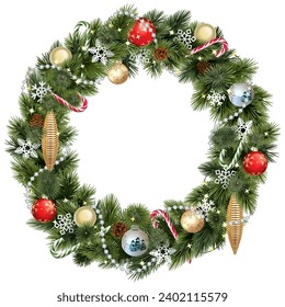 Vector Christmas Wreath with Christmas Decorations isolated on white background