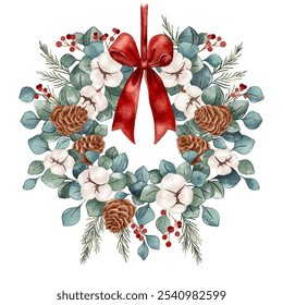 Coroa de Natal vetorial com folhas de eucalipto, flores de algodão e pinhas. Coroa aquarela decorativa com um arco vermelho isolado no fundo branco 