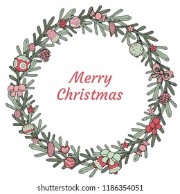 Vector Christmas wreath of fir branches, with cones, balls, bows, bells and other decorations. Ideal for registration of invitation cards or gift packages.
