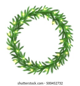 Vector Christmas wreath of fir branches with glowing lights. Frame for Xmas Holiday greeting cards. 