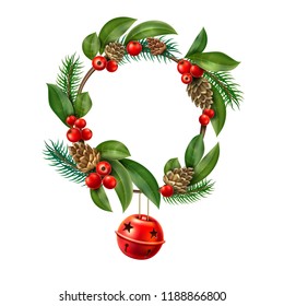 Vector christmas wreath with hanging red jingle bell. Xmas, new year holiday decoration with holly leaves, berry, pin cones, spruce or fir branches and sphere toy. Traditional party decor