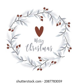 Vector Christmas wreath with herringbone leaves and berries in winter colors for logo, invitation or greeting card