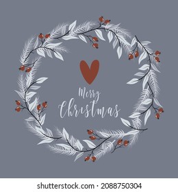 Vector Christmas wreath with herringbone leaves and berries in winter colors on gray background for logo, invitation or greeting card