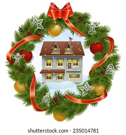 Vector Christmas Wreath with House