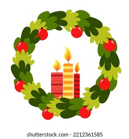 Vector Christmas wreath icon with green leaves on white background