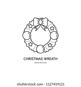 Vector Christmas wreath icon in trendy linear style isolated on white background