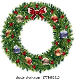 Vector Christmas wreath isolated on white background.