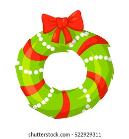 Vector of Christmas wreath isolated on white. Cartoon style. Cute funny christmas icon. EPS 10 Vector illustration.