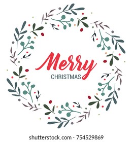 Vector christmas wreath with leaves and berries. Winter background for wedding, invitations, paper design