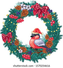 Vector Christmas wreath made of fir branches with a bullfinch, red bows, cones, beads, cotton. Great decoration for postcards, flyers and any other Christmas design. All items can be used separately.