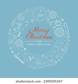 Vector Christmas wreath made of individual parts of a bicycle. Text Merry Christmas And Happy New Year. Isolated on blue background. 