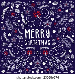 Vector Christmas with wreath made of leafs,pinecone and poinsettia. Illustration and Vector design. Merry Christmas