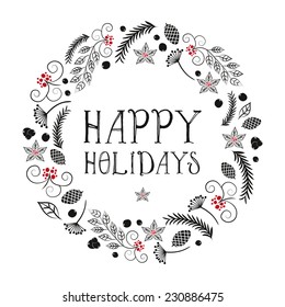 Vector Christmas with wreath made of leafs,pinecone and poinsettia. Illustration and Vector design. Happy Holidays