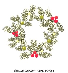 Vector Christmas wreath made of Christmas tree branches and decorations.
