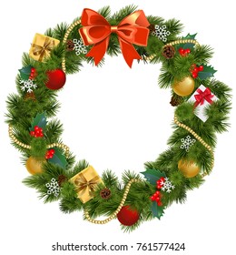 Vector Christmas Wreath with Mistletoe isolated on white background