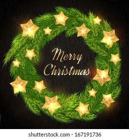 Vector Christmas wreath on dark wooden texure