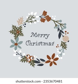 Vector Christmas wreath on gray background. Scandinavian style illustration. Merry Christmas slogan inscription. Christmas Greeting Card, New year.