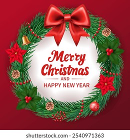 Vector Christmas wreath on red background