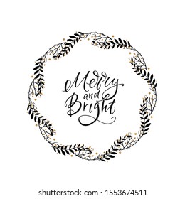 Vector Christmas wreath on white background, winter door decoration. Greeting card template, wreath and lettering. Scandinavian style illustration