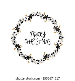 Vector Christmas wreath on white background, winter door decoration. Greeting card template, wreath and lettering. Scandinavian style illustration