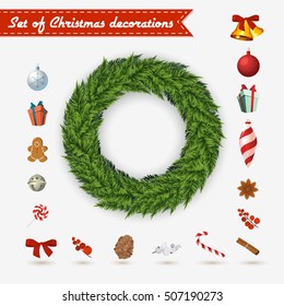 Vector Christmas wreath on a white background with a set of traditional Christmas decoration. Classic winter door decor a pick-me-up. Add the items to your liking, or leave a wreath as is