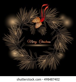 Vector Christmas  wreath with  pine branches and cones. Golden garland isolated on a black background. Pinecone Xmas vintage card.