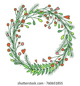 Vector Christmas wreath with pine branches, leaves, berries and hearts
