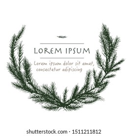 Vector christmas wreath with pine hand drawn circle background with tree for greeting card