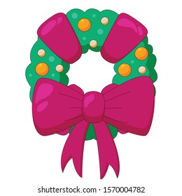 Vector christmas wreath with pink bow. New Year object. Decor element, realistic icon, illustration for design, print.