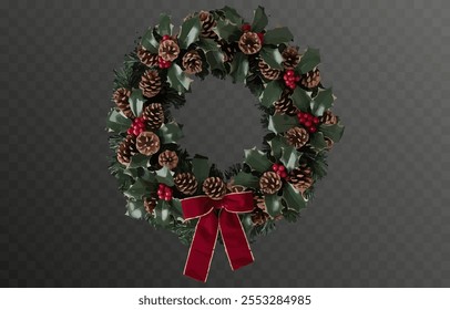 Vector Christmas wreath PNG. Decorated Christmas wreath on a transparent background. Christmas decoration.