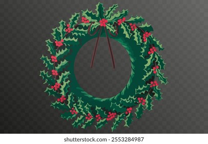 Vector Christmas wreath PNG. Decorated Christmas wreath on a transparent background. Christmas decoration.