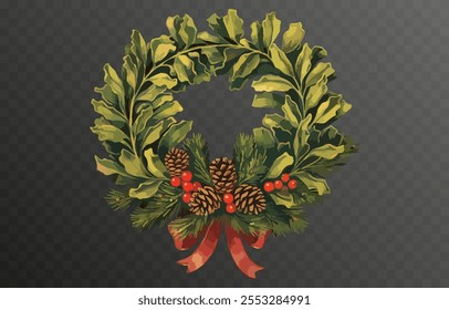 Vector Christmas wreath PNG. Decorated Christmas wreath on a transparent background. Christmas decoration.