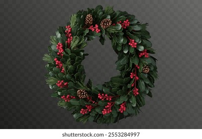 Vector Christmas wreath PNG. Decorated Christmas wreath on a transparent background. Christmas decoration.