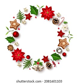 Vector Christmas wreath with poinsettia flowers, Christmas balls, bells, holly, mistletoe, fir branches, pine cones, stars, and gingerbread cookies on a white background. Greeting or invitation card.