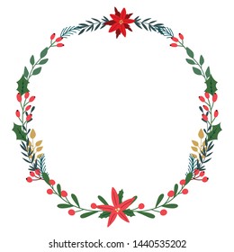 Vector Christmas wreath with poinsettia, pine cones, mistletoe and leaves.
