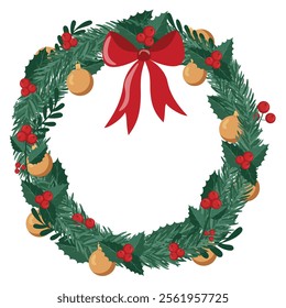 Vector Christmas wreath with red bow, leaves, mistletoe, holly berries, yellow Christmas ball and fir branches. Happy New Year and Merry Christmas vector decoration