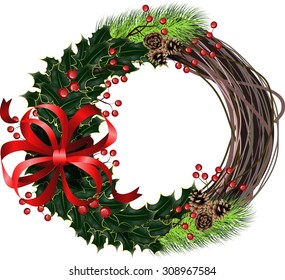 Vector Christmas wreath with red bow.
