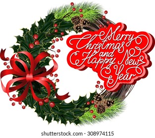 Vector Christmas wreath with red bow and message.