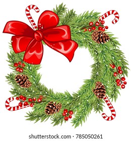 Vector of Christmas wreath with red bow, holly berries, lollipops and pinecones
